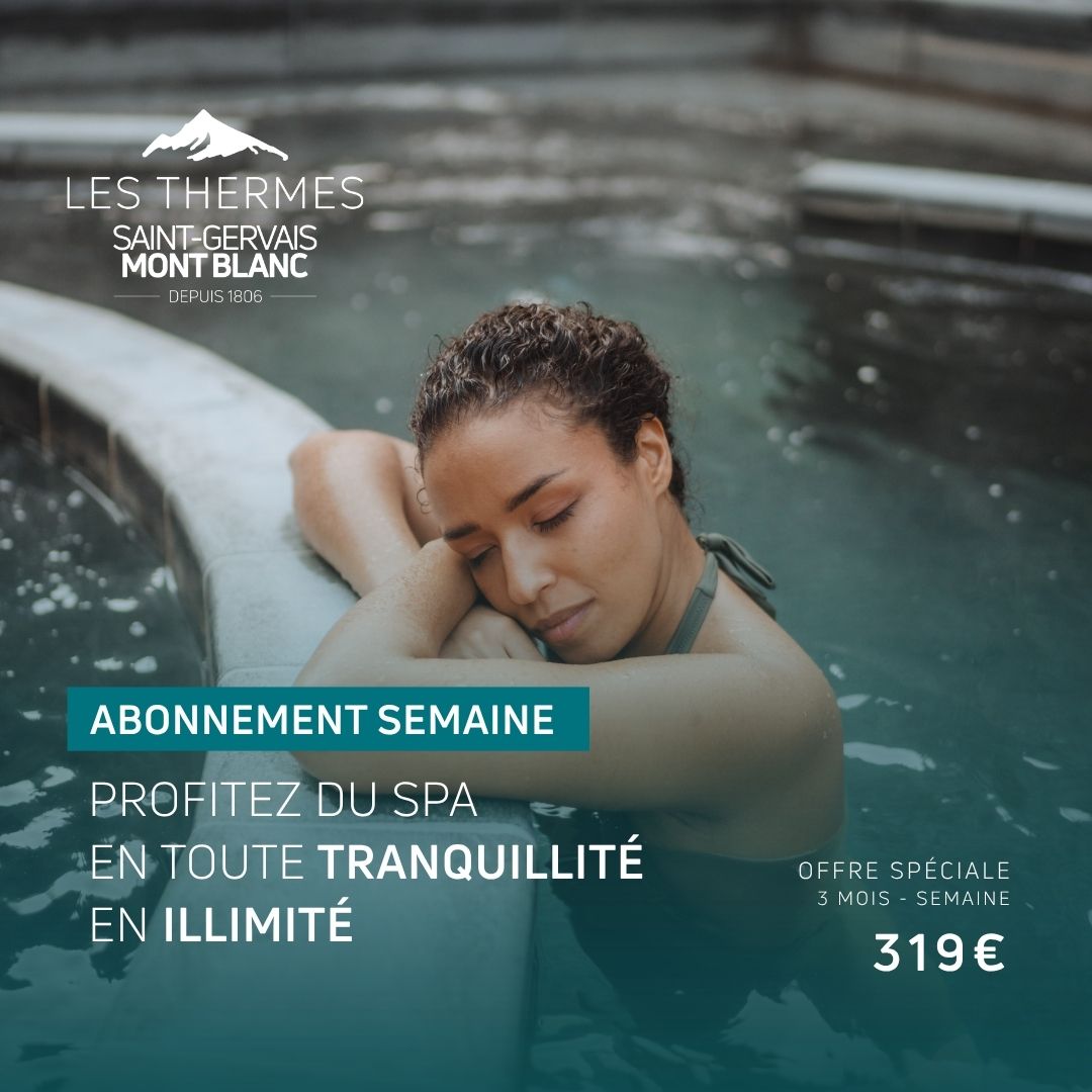 Visuel d'une offre promotionnelle pour un abonnement illimité de 3 mois, représentant une femme dans un bassin d'eau thermale
